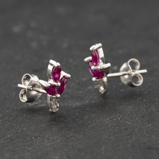 Second Hand 9ct White Gold 0.24ct Ruby & 0.02ct Diamond Marquise Shaped Flower 11.4mm Stud Earrings 43171462