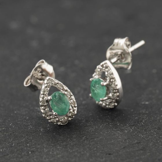 Second Hand 9ct White Gold 0.26ct Emerald & 0.10ct Diamond Pear Shaped 8.6mm Stud Earrings 43171468