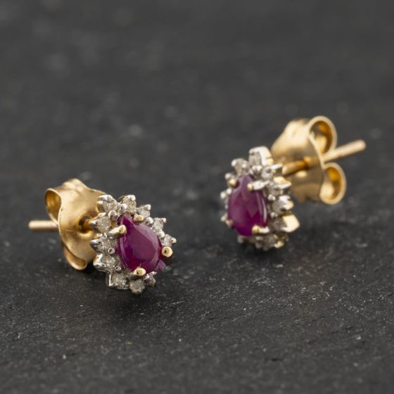 Second Hand 9ct Yellow Gold 0.94ct Ruby & 0.19ct Diamond Pear Shaped Stud Earrings 43171478