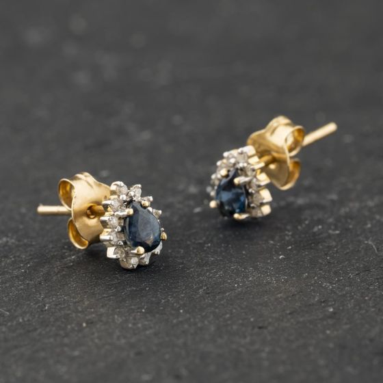 Second Hand 9ct Yellow Gold 0.94ct Sapphire & 0.19ct Diamond Pear Shaped Stud Earrings 43171479