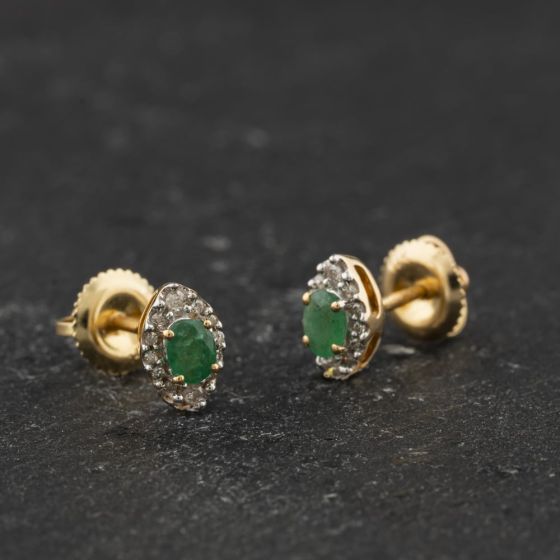 Second Hand 14ct Yellow Gold 0.42ct Emerald & 0.50ct Brilliant Cut Diamond Marquise Cluster 7.5mm Stud Earrings 43171495