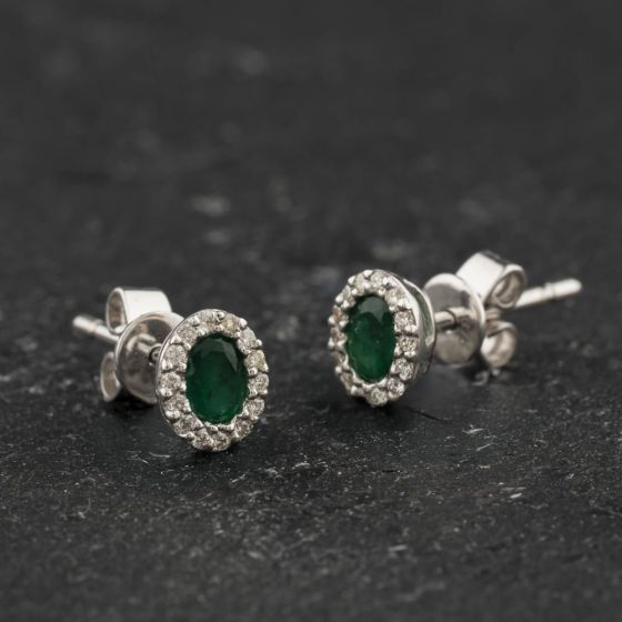Second Hand 9ct White Gold 0.30ct Emerald & 0.09ct Brilliant Cut Diamond Oval 6mm Stud Earrings 43171505
