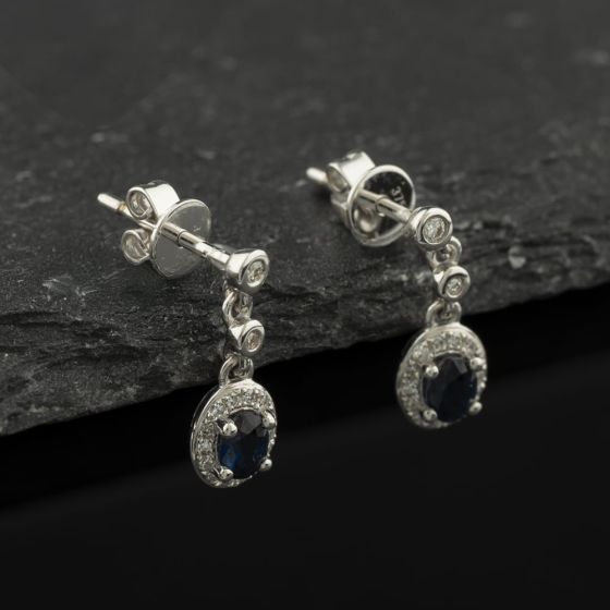 Second Hand 9ct White Gold Sapphire & Diamond Cluster Dropper Earrings 43171507