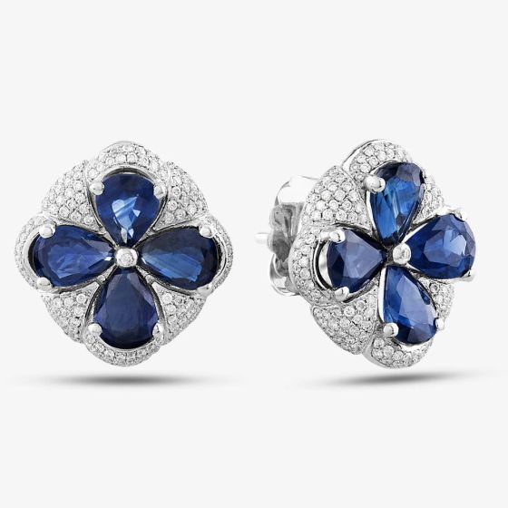 Second Hand 9ct White Gold 6.25ct Sapphire & 1.20ct Brilliant Cut Diamond Large Cluster Stud Earrings 431715529