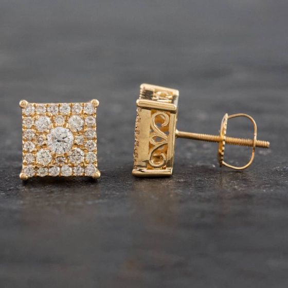 Second Hand 14ct Yellow Gold Brilliant Cut Diamond Square Cluster Stud Earrings 4317183