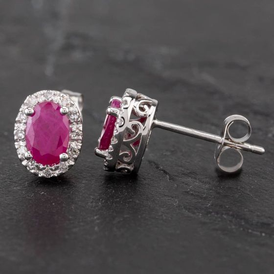 Second Hand 14ct White Gold 0.60ct Ruby & 0.10ct Diamond Stud Earrings 4317330