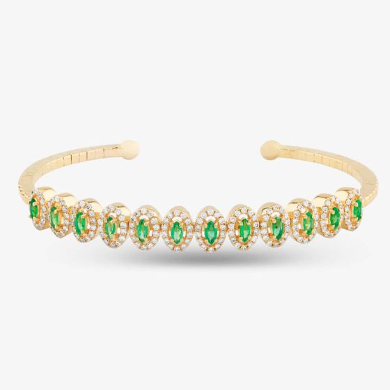 Second Hand 18ct Yellow Gold Emerald & Brilliant Cut Diamond Flexible 15cm Torque Bangle 4321007