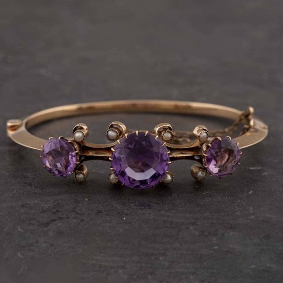 Second Hand Vintage Yellow Gold Amethyst & Seed Pearl Medium Hinged Bangle 43211001