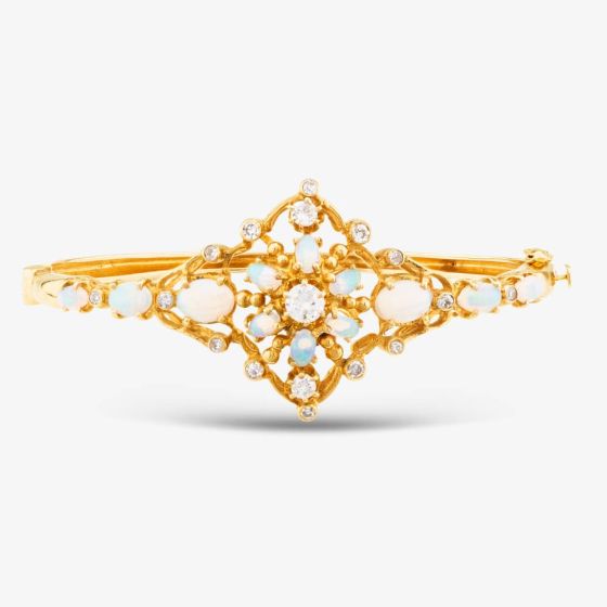 Second Hand 9ct Yellow Gold Opal & Brilliant Cut Diamond Ornate Cluster 20cm Hinged Bangle 43211003
