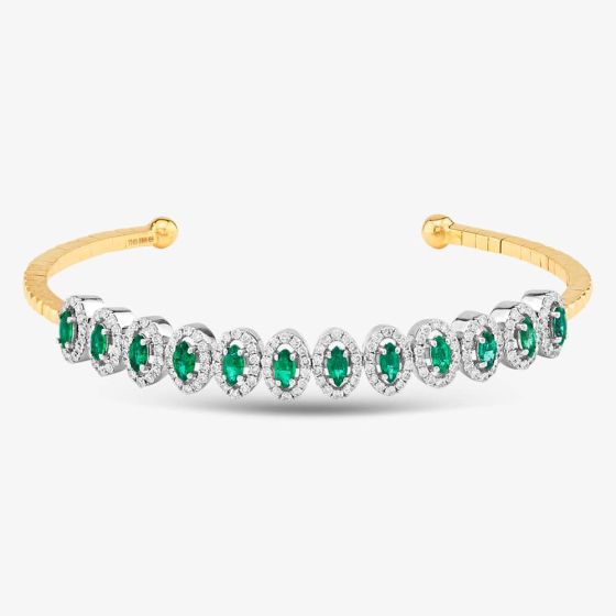 Second Hand 18ct Yellow Gold Marquise Cut Emerald & Brilliant Cut Diamond Halo Medium Torque Bangle 43211006