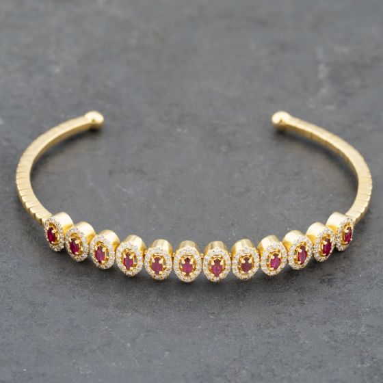 Second Hand 18ct Yellow Gold Ruby & 0.90ct Diamond Flexible Multi Cluster Medium Torque Bangle 43211015