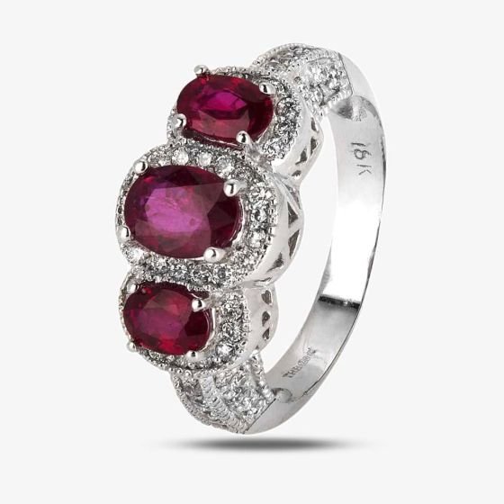 Second Hand 18ct White Gold 1.60ct Ruby & 0.55ct Diamond Triple Cluster Ring 4328034
