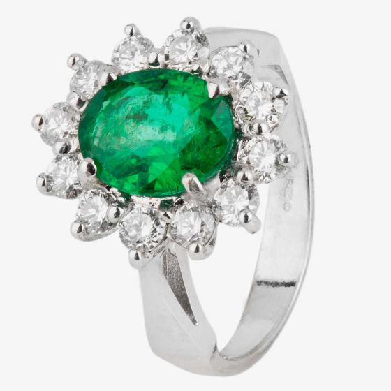 Second Hand 18ct White Gold Emerald and Diamond Cluster Ring 4328075