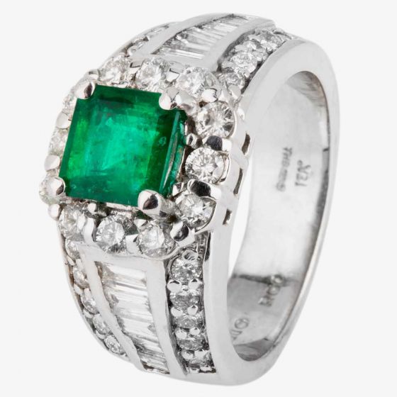 Second Hand 18ct White Gold Emerald and Diamond Cluster Ring 4328082