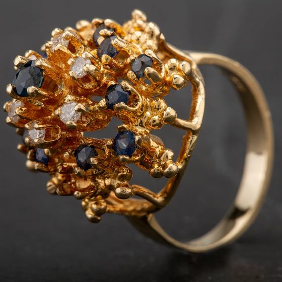 Second Hand 9ct Yellow Gold Diamond and Sapphire Tiered Cluster Ring 4328108