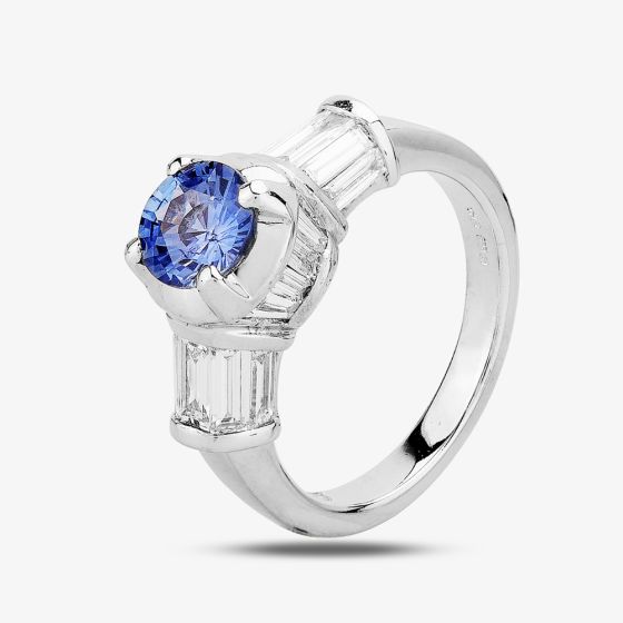 Second Hand 14ct White Gold Sapphire with Baguette Diamond Shoulders Ring 4328298
