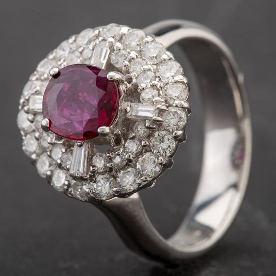 Second Hand 14ct White Gold Oval 0.81ct Ruby & 1.08ct Diamond Halo Cluster Ring 4332064