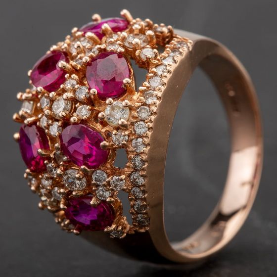 Second Hand 14ct Rose Gold 2.40ct Ruby & 0.86ct Diamond Cluster Ring 4332066
