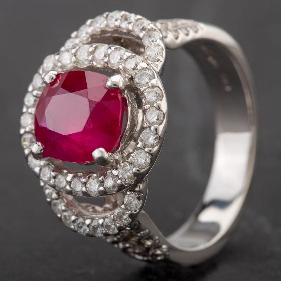 Second Hand 18ct White Gold Oval 3.05ct Ruby & 1.34ct Diamond Tiered Ring 4332184
