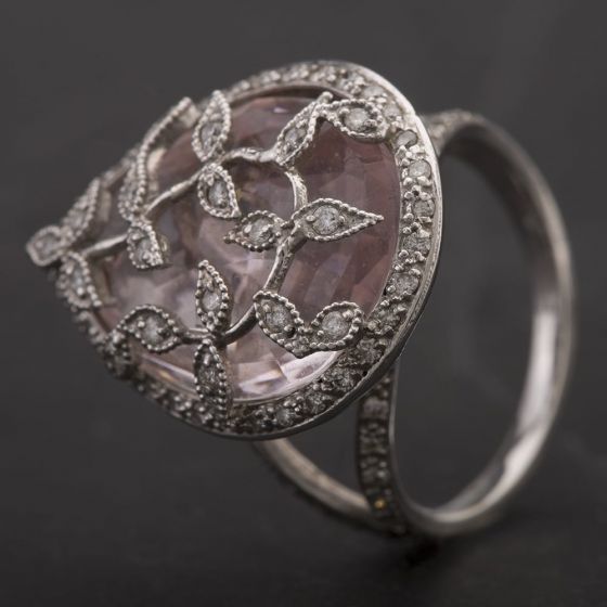 Second Hand 18ct White Gold Pear Shape Kunzite & Diamond Fancy Ring 4332312