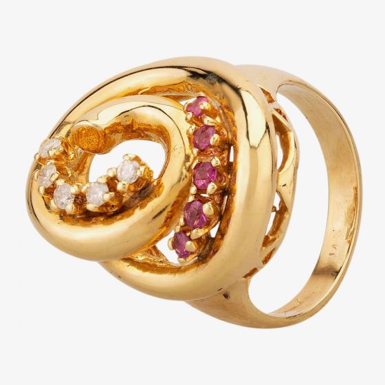 Second Hand 9ct Yellow Gold Ruby and Diamond Swirl Cluster Ring 4332385