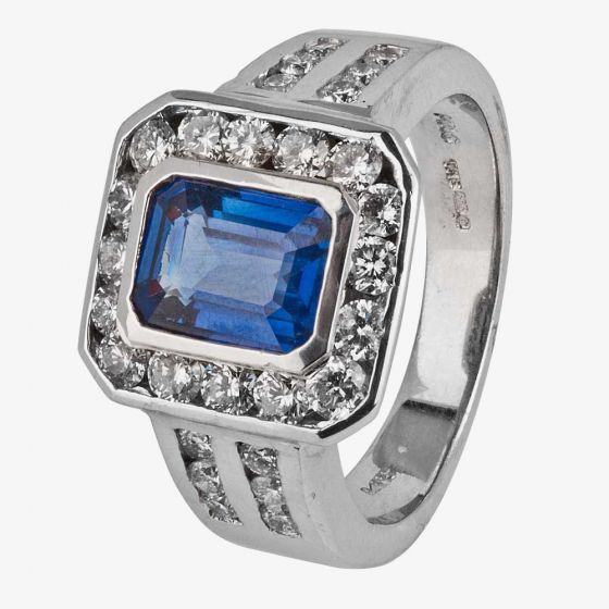 Second Hand 14ct White Gold Radiant Cut Sapphire and Round Diamond Cluster Ring 4332972