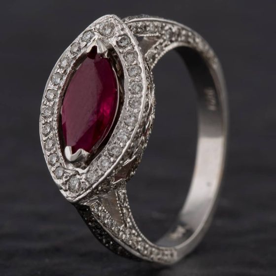 Second Hand 14ct White Gold 1.00ct Ruby & 1.05ct Brilliant Cut Diamond Marquise Cluster Ring 4335004