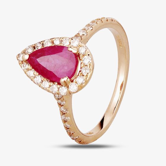 Second Hand 14ct Rose Gold 1.30ct Pear Shaped Ruby & 0.40ct Diamond Cluster Ring 4335019