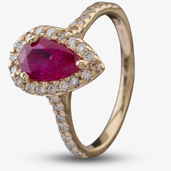 Second Hand 14ct Yellow Gold 1.10ct Pear Shaped Ruby and 0.40ct Diamond Halo Ring 
