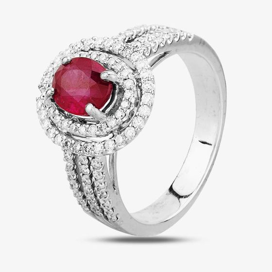 Second Hand 18ct White Gold 1.10ct Ruby & 0.60ct Diamond Double Halo Ring 4335036