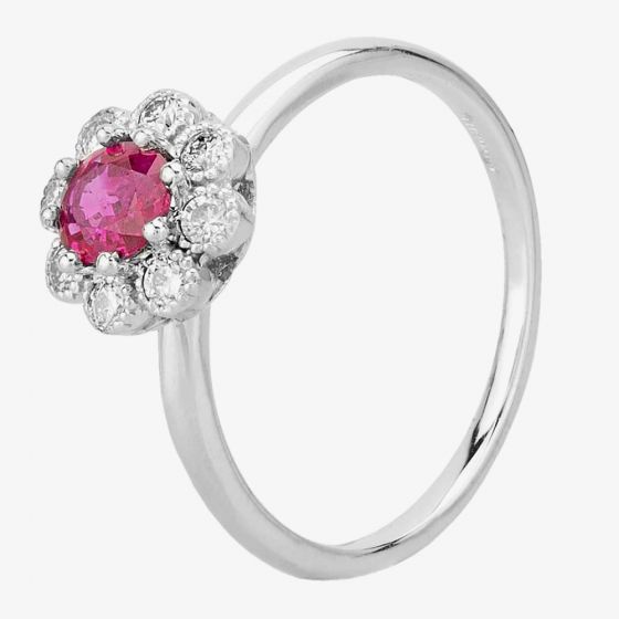 Second Hand 14ct White Gold 0.40ct Ruby & 0.25ct Diamond Flower Cluster Ring 4335052