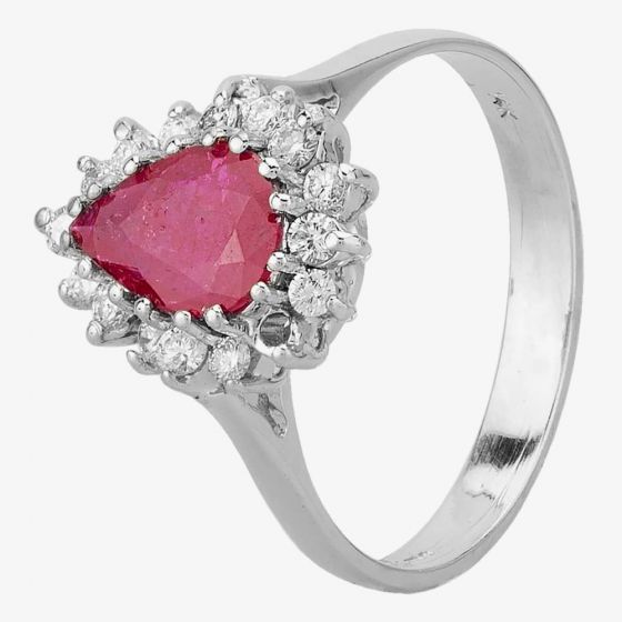 Second Hand 14ct White Gold 0.80ct Ruby & 0.25ct Diamond Pear Shaped Halo Ring 4335057