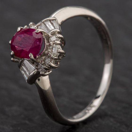 Second Hand Platinum Oval 1.05ct Ruby & 0.28ct Diamond Cluster Ring 4335087