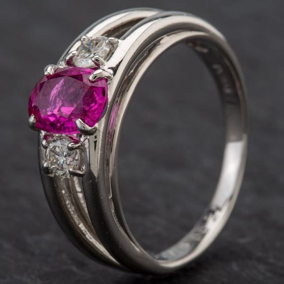 Second Hand Platinum 1.01ct Ruby & 0.25ct Diamond Three Stone Ring 4335098