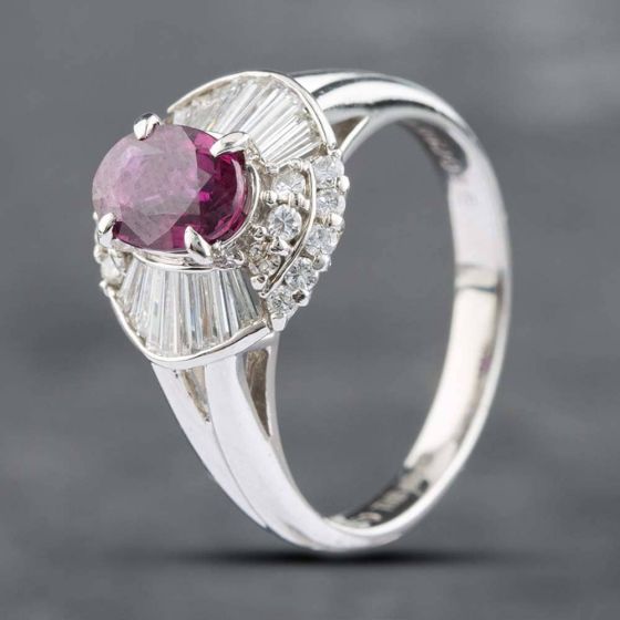 Second Hand Platinum 0.96ct Oval Cut Ruby & 0.46ct Diamond Cluster Ring 43351003