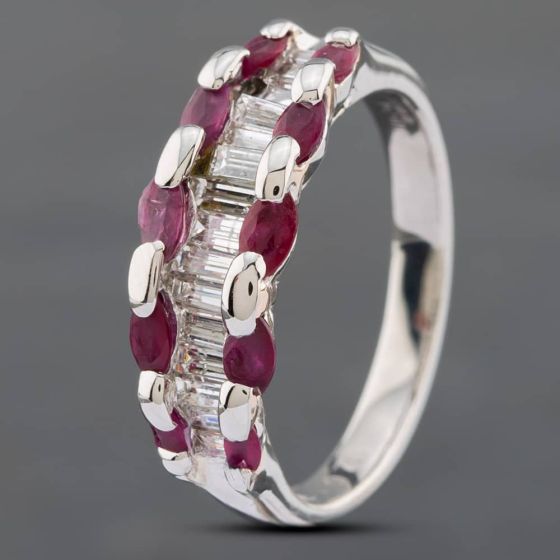 Second Hand Platinum 0.73ct Oval Cut Ruby & 0.63ct Baguette Cut Diamond Three Row Dress Ring 43351011