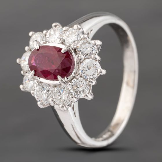 Second Hand Platinum 0.94ct Ruby & 0.98ct Brilliant Cut Diamond Oval Cluster Ring 43351052