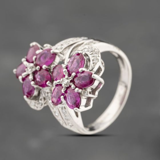 Second Hand 18ct White Gold 2.84ct Ruby & 0.28ct Diamond Double Flower Cluster Ring 43351065