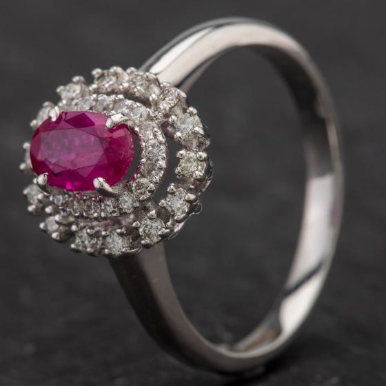 Second Hand 14ct White Gold 0.68ct Ruby & Two Tier 0.25ct Diamond Cluster Ring 4335109