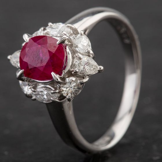 Second Hand Platinum Oval Ruby and Round and Pear Cut Diamond Cluster Ring 4335124