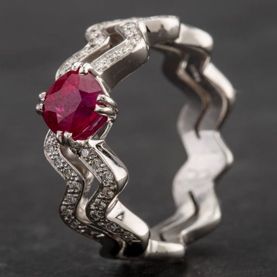 Second Hand 18ct White Gold Wave Set 1.45ct Ruby & 0.49ct Diamond Dress Ring 4335128