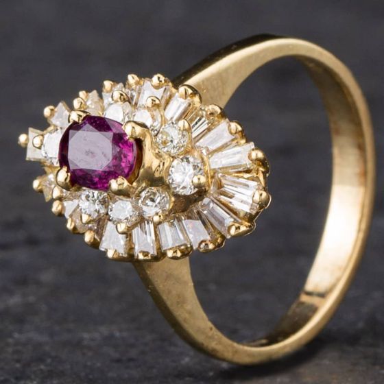Second Hand 14ct Yellow Gold 0.42ct Ruby & 0.92ct Diamond Multi-Tiered Cluster Ring 4335129