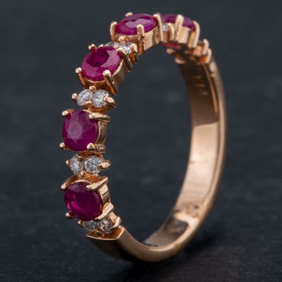 Second Hand 14ct Rose Gold Ruby Brilliant Diamond Half Eternity Ring 4335144