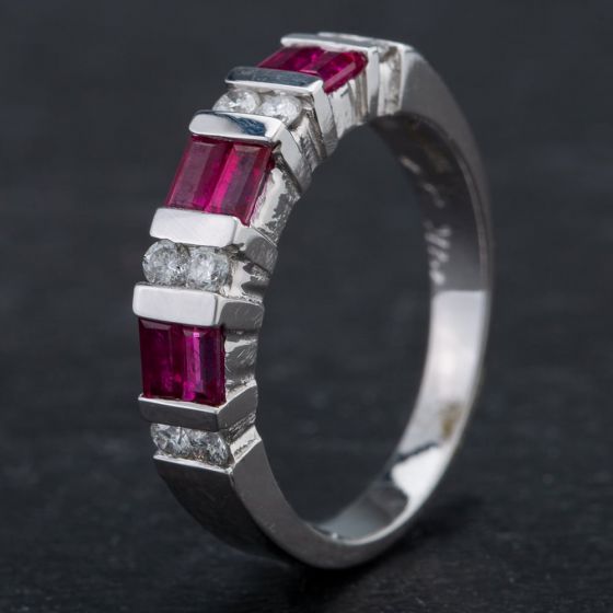 Second Hand 14ct White Gold Ruby Brilliant Diamond Half Eternity Ring 4335146