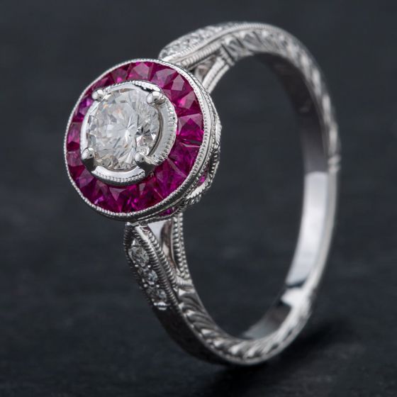 Second Hand 14ct White Gold 0.42ct Ruby & 0.10ct Multi-Cut Diamond Dress Ring 4335158