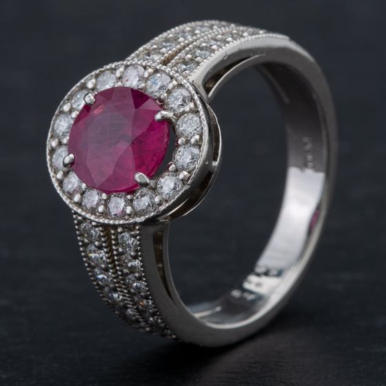 Second Hand Platinum 1.52ct Ruby & Brilliant 0.70ct Diamond Cluster Ring 4335163