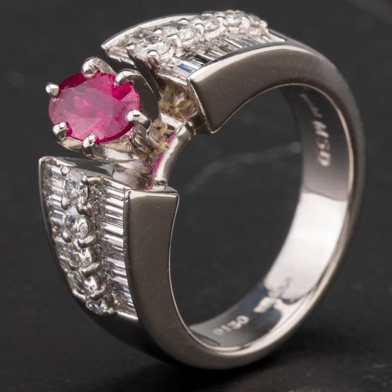Second Hand Platinum Oval Ruby & Diamond Set Shoulders Ring 4335200