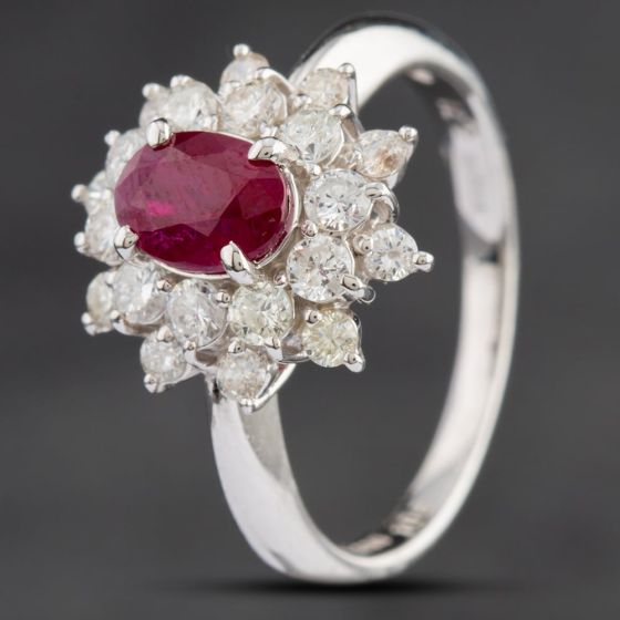 Second Hand Platinum 1.06ct Ruby & 0.71ct Brilliant Cut Diamond Cluster Ring 4335210