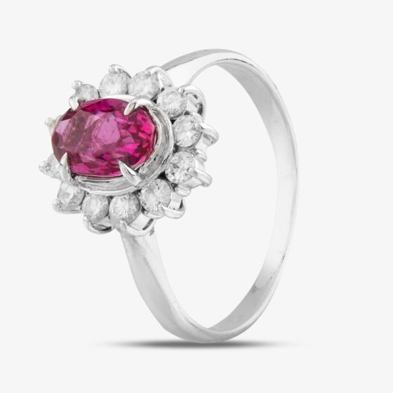 Second Hand Platinum 1.36ct Ruby & 0.45ct Brilliant Cut Diamond Oval Cluster Ring 4335222