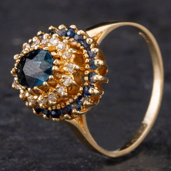 Second Hand 9ct Yellow Gold Sapphire & Brilliant Cut Diamond Oval Three Tier Cluster Ring 4336005